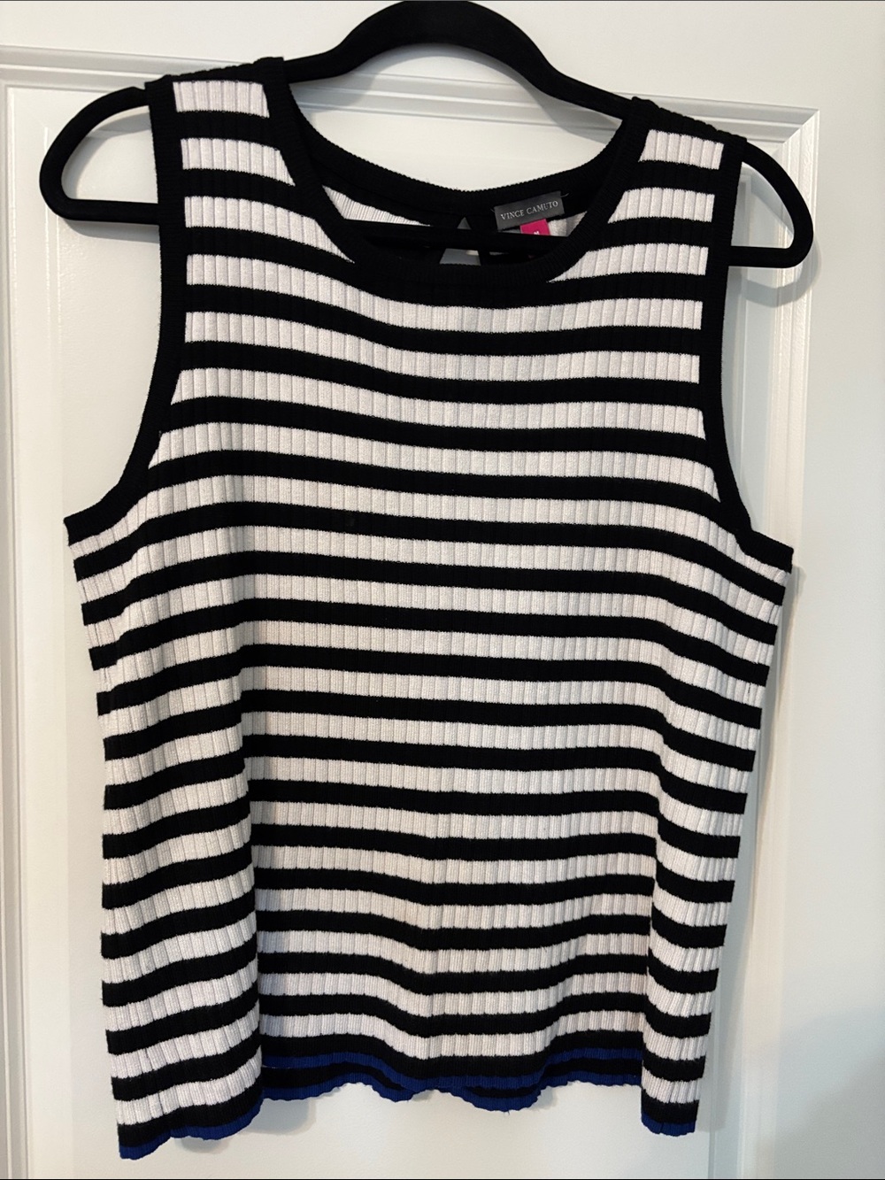 Vince Camuto Black & White Striped Ribbed Tank Top